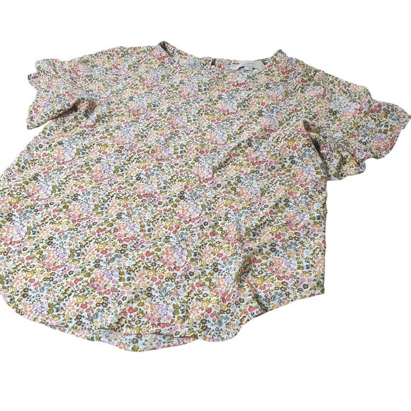 Loft Women Floral Print Blouse Ruffle Sleeves Keyhole Closure Rounded Hem Small - Picture 2 of 5